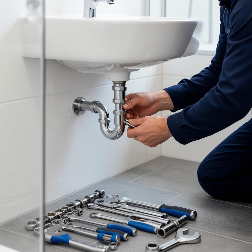 Klempner Hamburg repariert ein Wasserrohr unter dem Waschbecken
